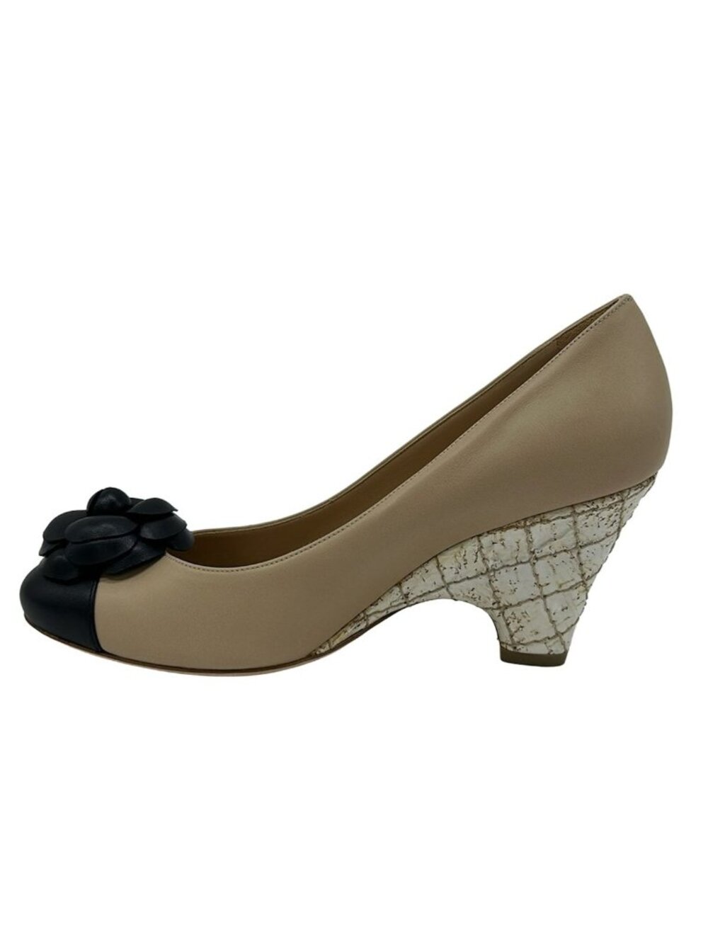 Chanel Pumps Beige Black White Camellia Wedge Sole CC Logo Leather Heels